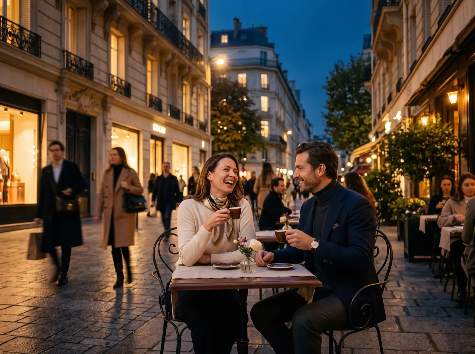 Terrasse de café élégante sur une rue commerçante parisienne dans un quartier haussmannien à l'heure dorée